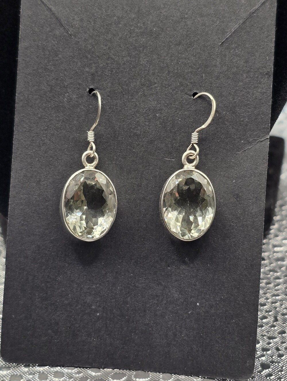 Vtg Sterling Silver and Natural Clear Faceted Crystal Dangle Hook Earrings 1.4"